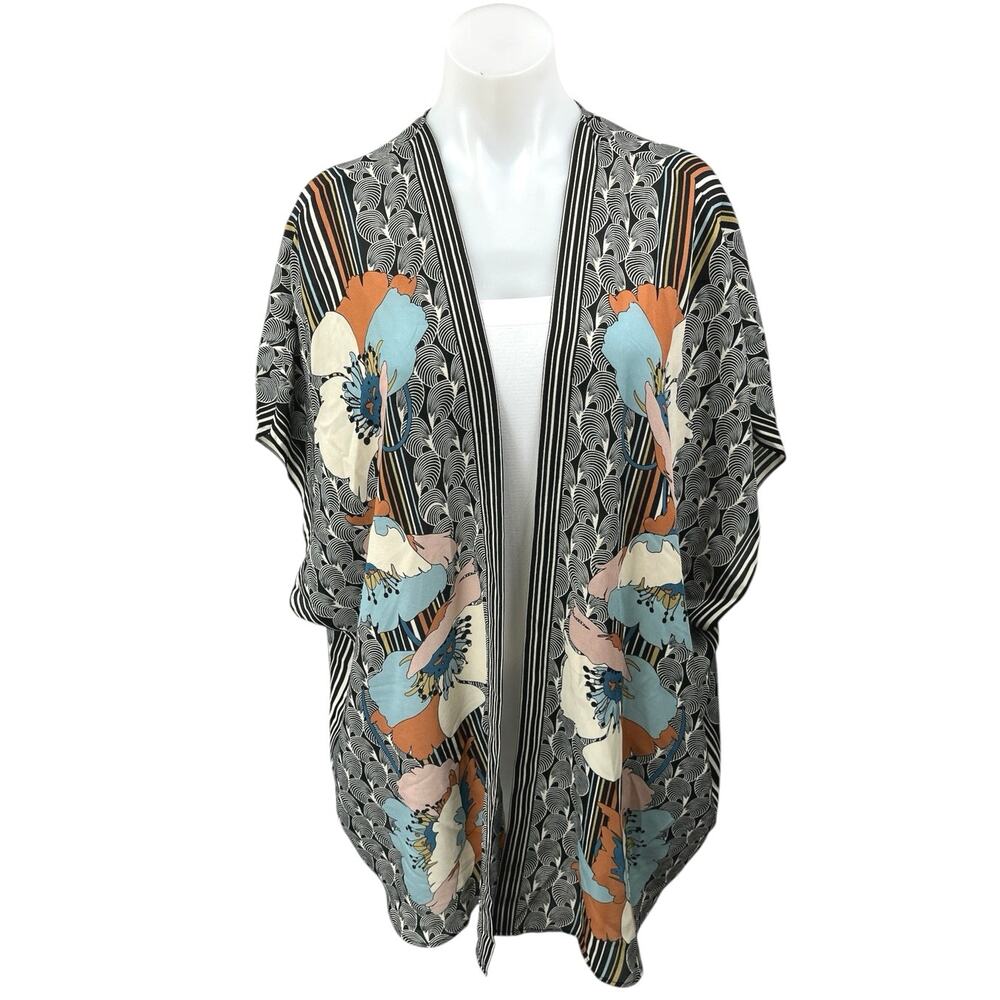 Max Studio Black Floral Striped Kimono Poncho Cardigan Duster Sweater Top Size S